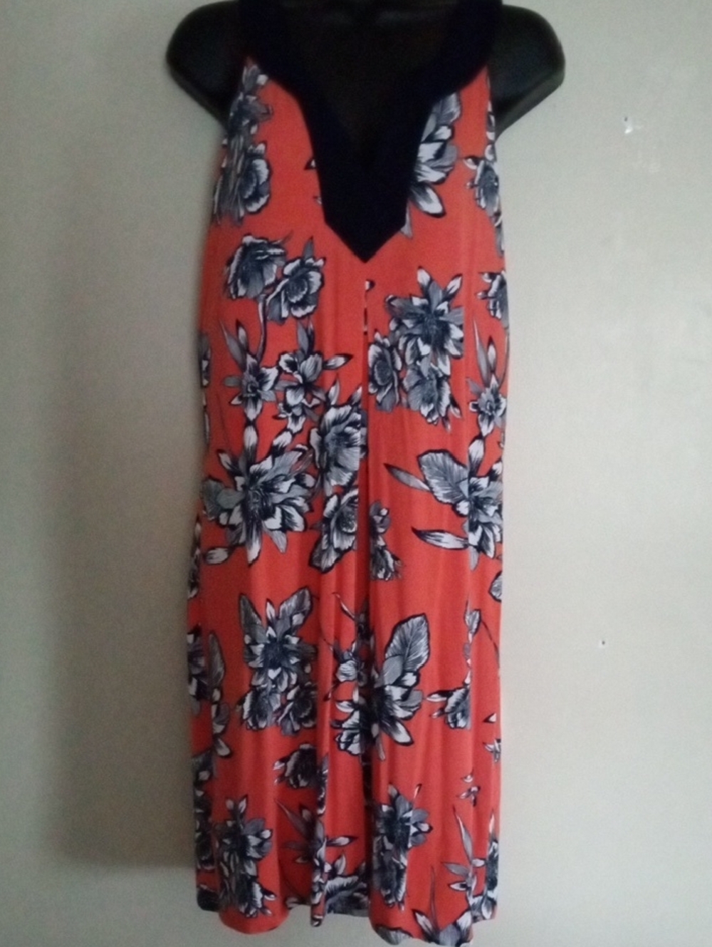 Tommy Bahama Boho Coral Floral V-Neck Midi Dress with Black Trim for Warm Days
